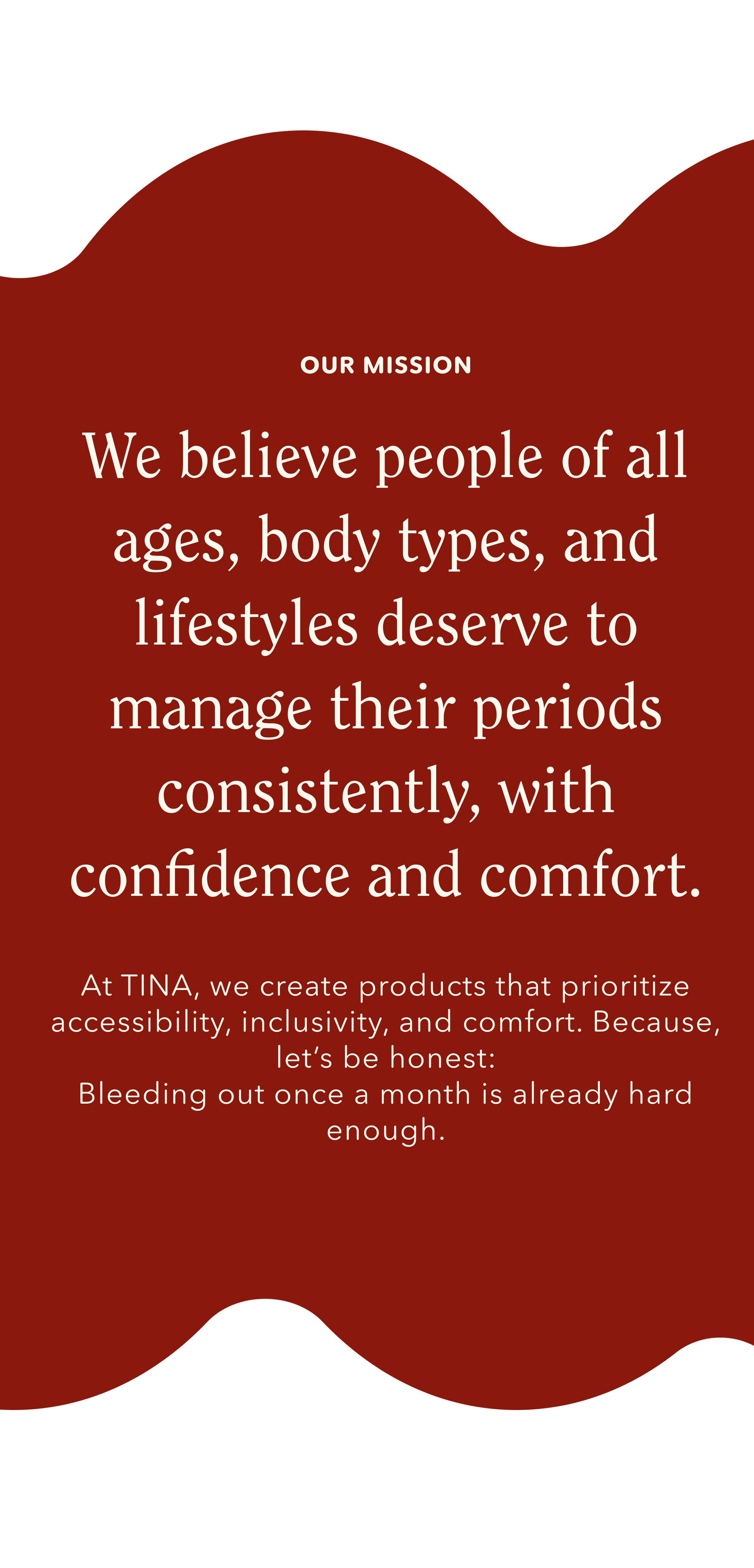 Tina's mission described on a wavy red blob.