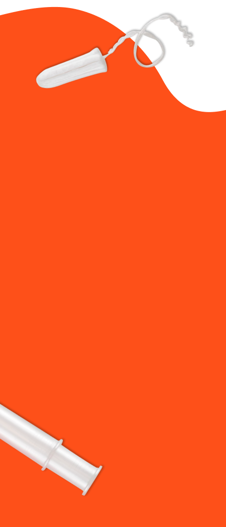 Orange section background with a wavy cutoff. There are two tampons on the top and bottom of the image.