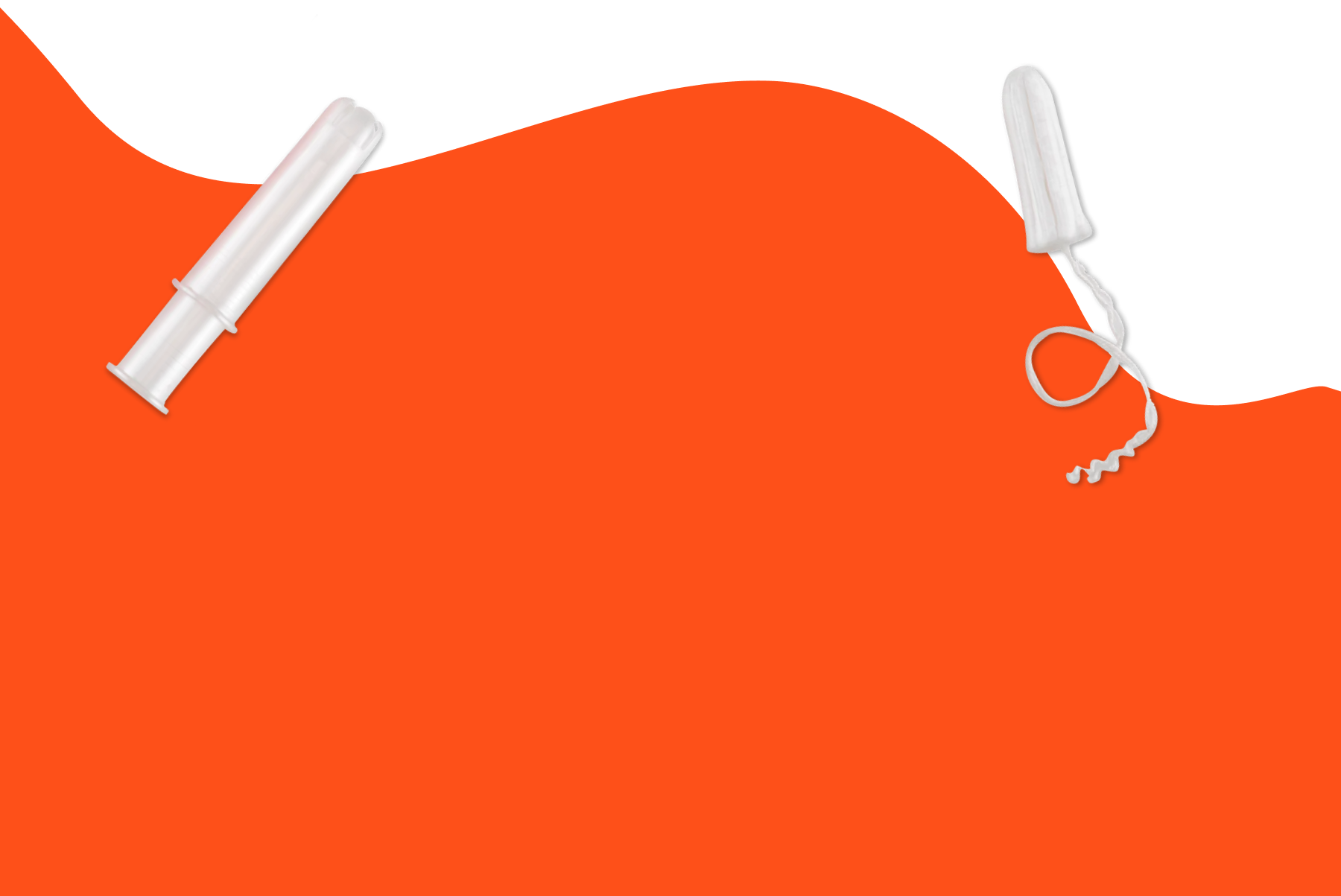 Orange section background with a wavy cutoff. There are two tampons on the left and right top corners.